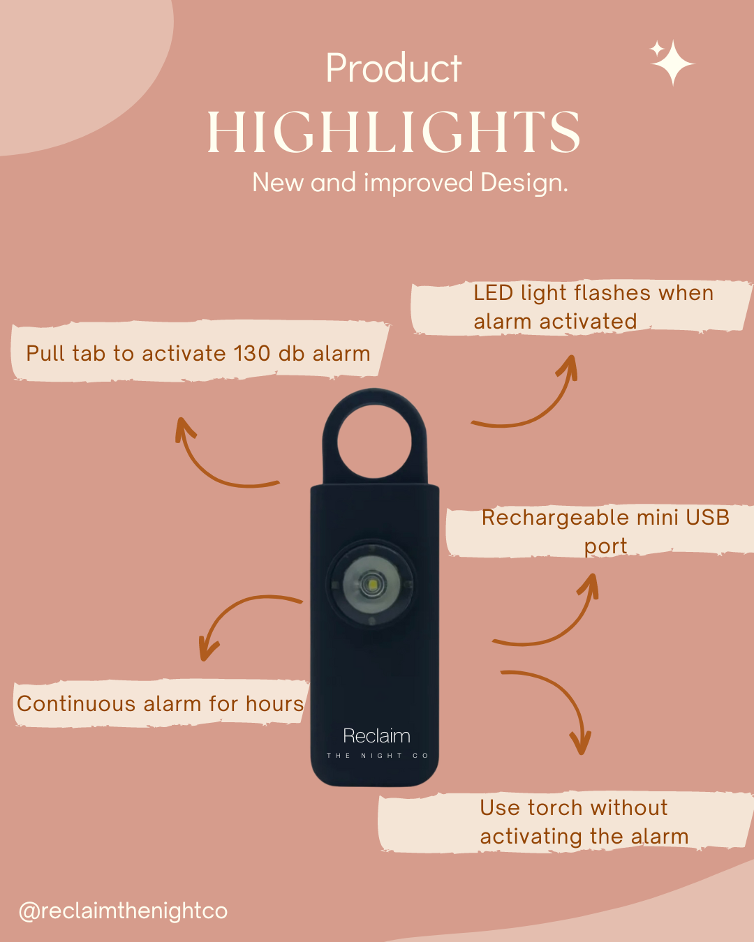 Personal Safety 130db Alarm, Black, Rechargeable, LED torch