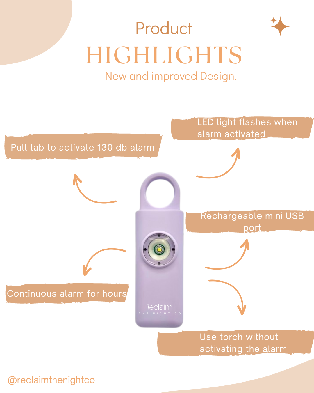 Personal Safety 130db Alarm, Lavender, Rechargeable, LED torch