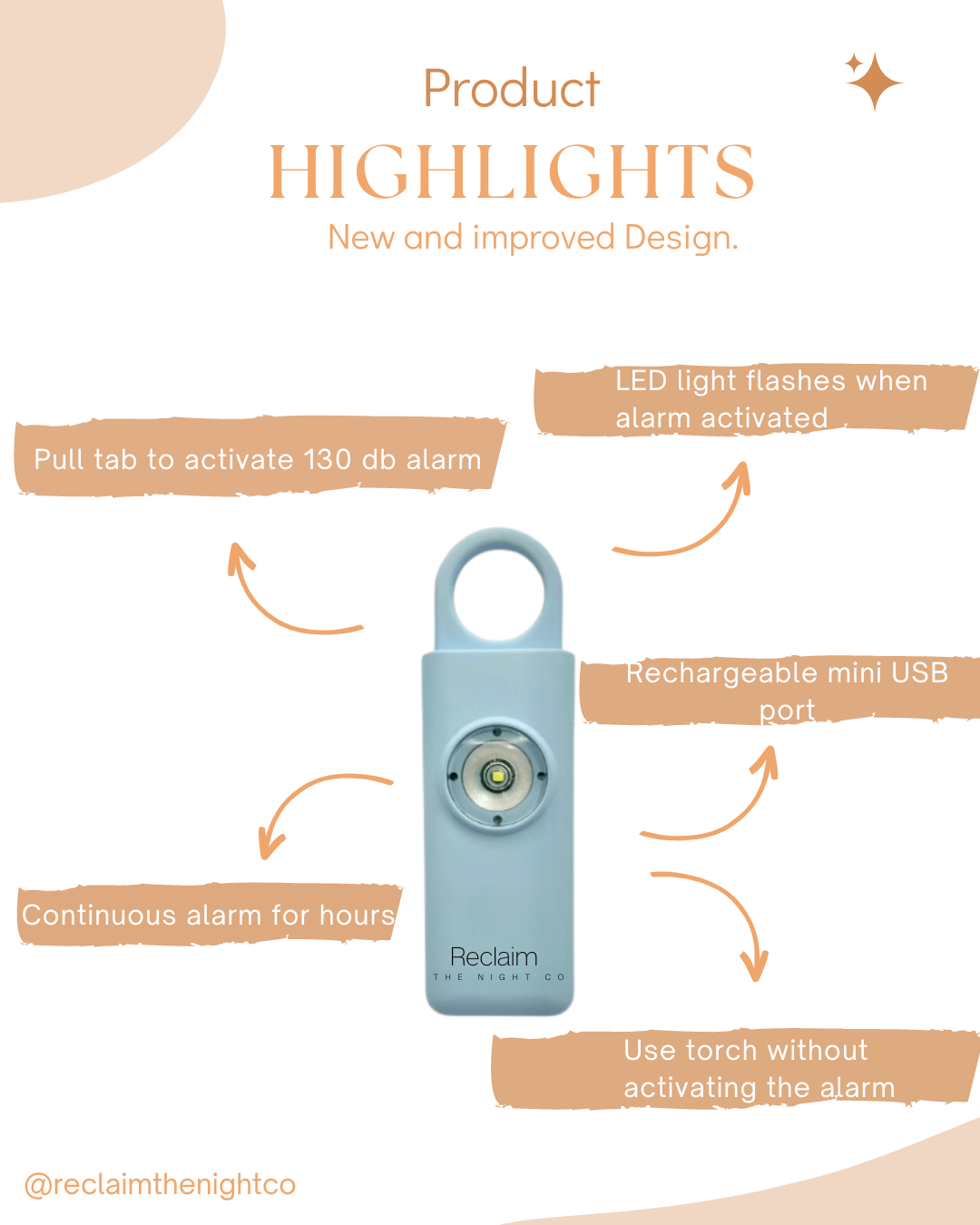 Personal Safety 130db Alarm, Blue, Rechargeable, LED torch