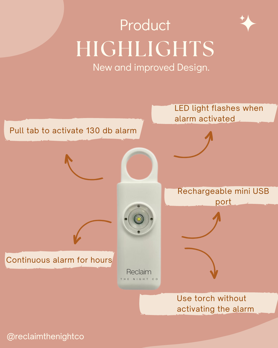 Personal Safety 130db Alarm, White, Rechargeable, LED torch